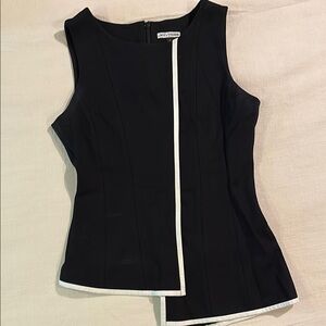 White leather trim and Black stretch Asymmetrical Fitted Blouse